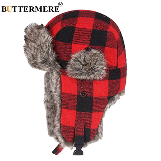 Winter Hats for Mens Bomber Hat Fur Red Warm Earflap Cap Windproof Women Thicker Plaid Russian Ushanka Hat Black Blue