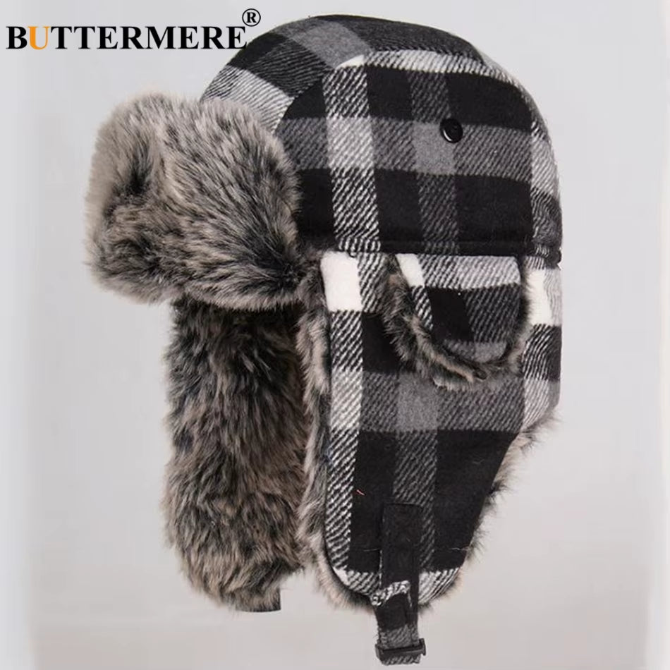 Winter Hats for Mens Bomber Hat Fur Red Warm Earflap Cap Windproof Women Thicker Plaid Russian Ushanka Hat Black Blue