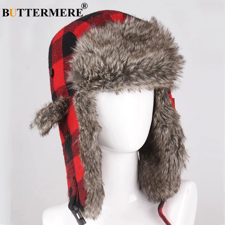 Winter Hats for Mens Bomber Hat Fur Red Warm Earflap Cap Windproof Women Thicker Plaid Russian Ushanka Hat Black Blue